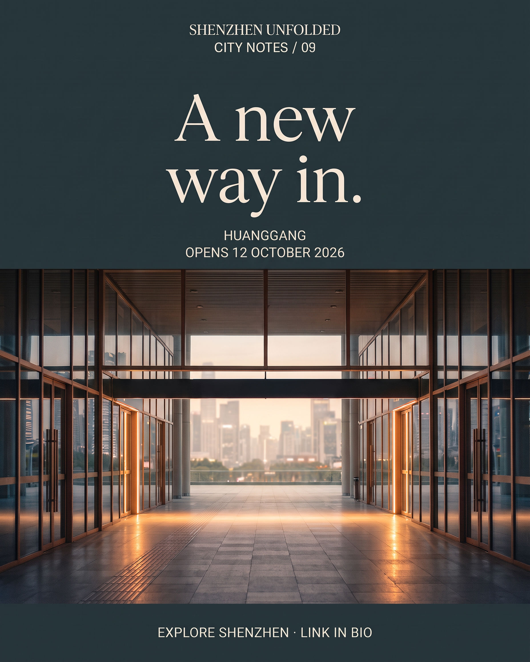 A new way in: conceptual glass passage toward a city skyline at dawn