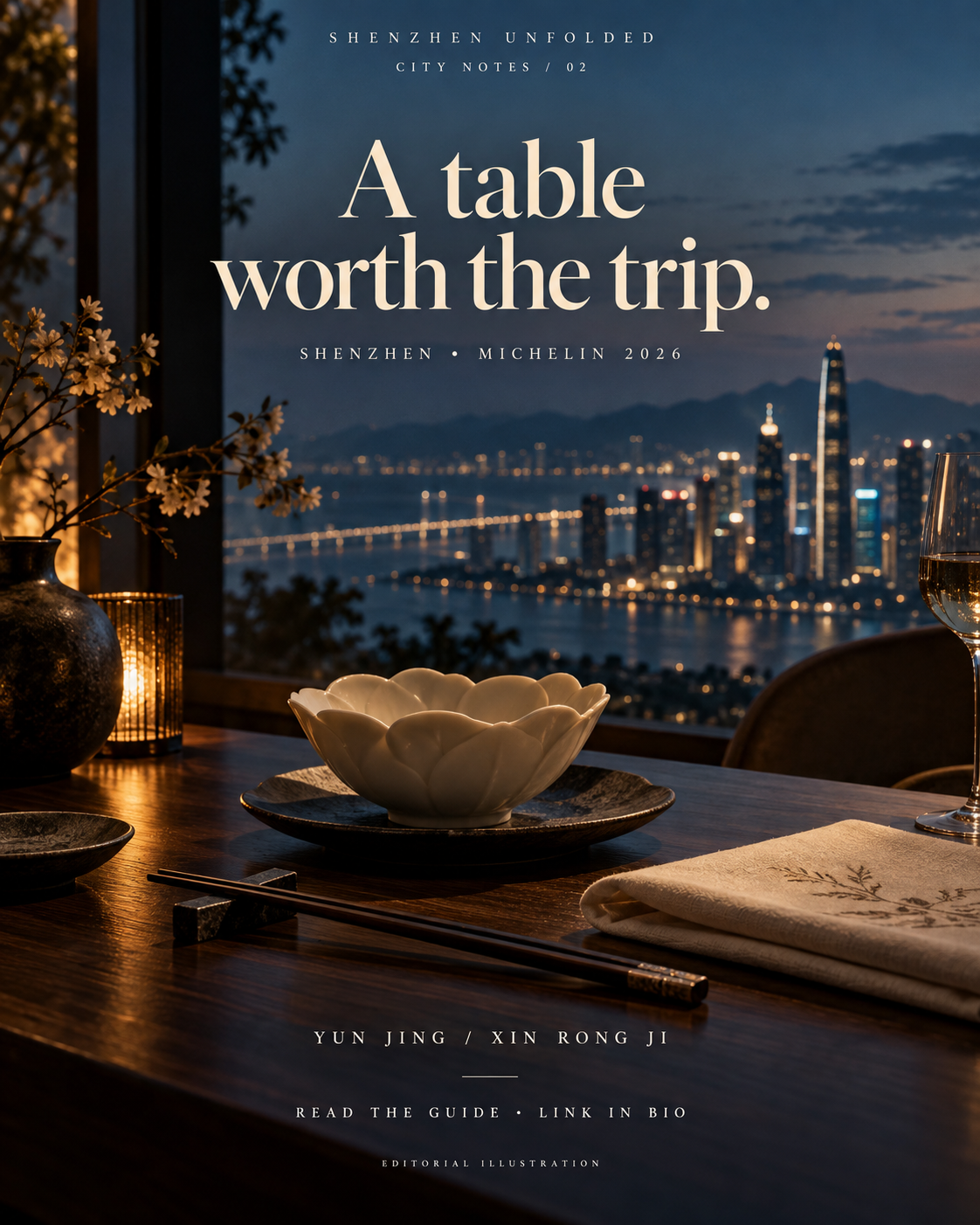 Cinematic editorial illustration of an ivory dining setting at blue hour, titled A table worth the trip