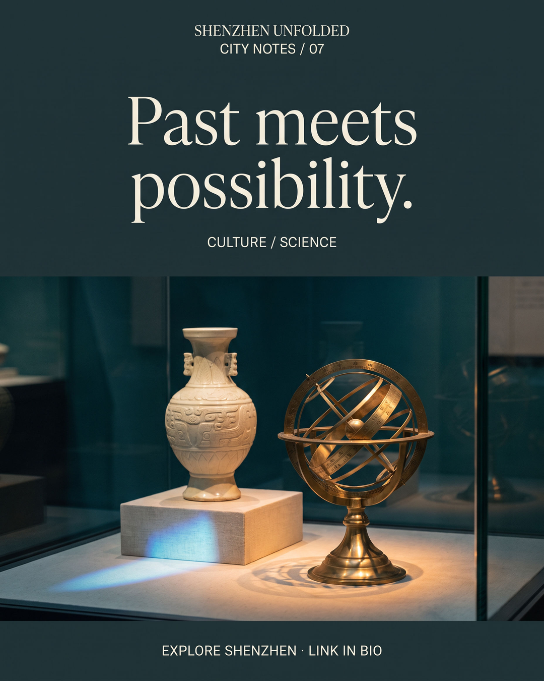 Original museum concept illustration with an ivory ceramic vessel and brass armillary sphere, titled Past meets possibility