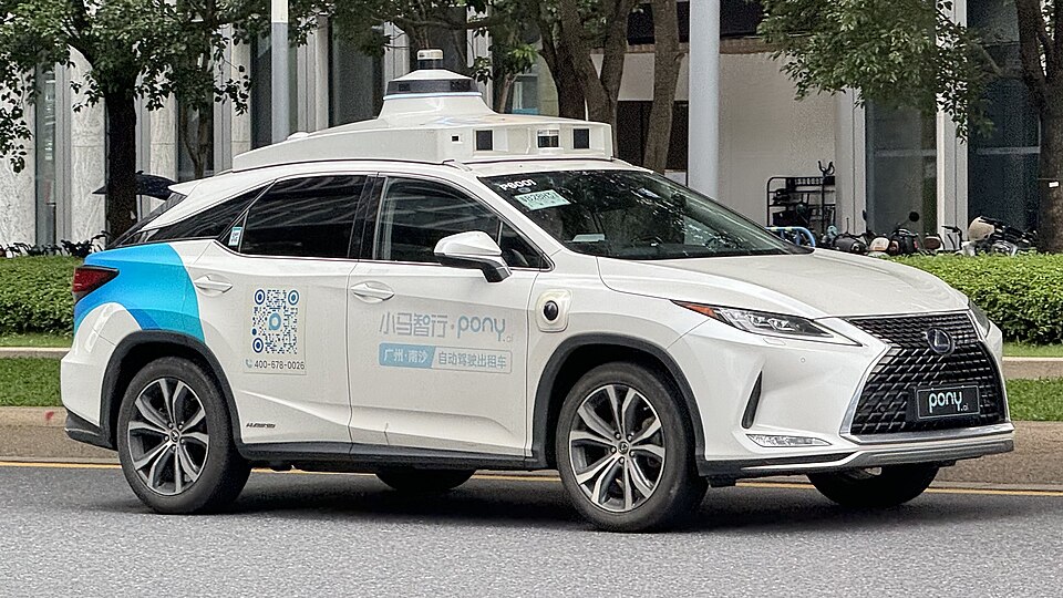 A real Pony.ai Lexus robotaxi with roof-mounted driving sensors