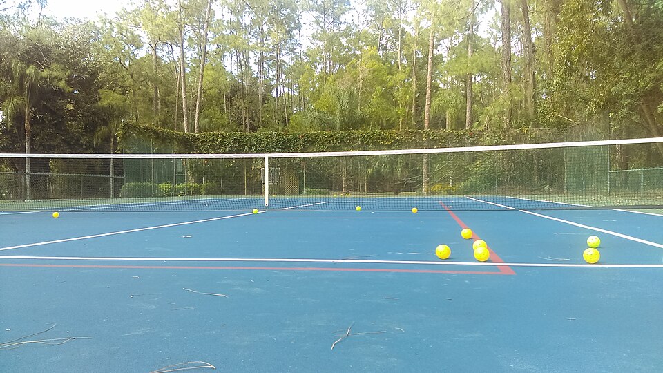 Pickleballs on a marked court in Naples, Florida