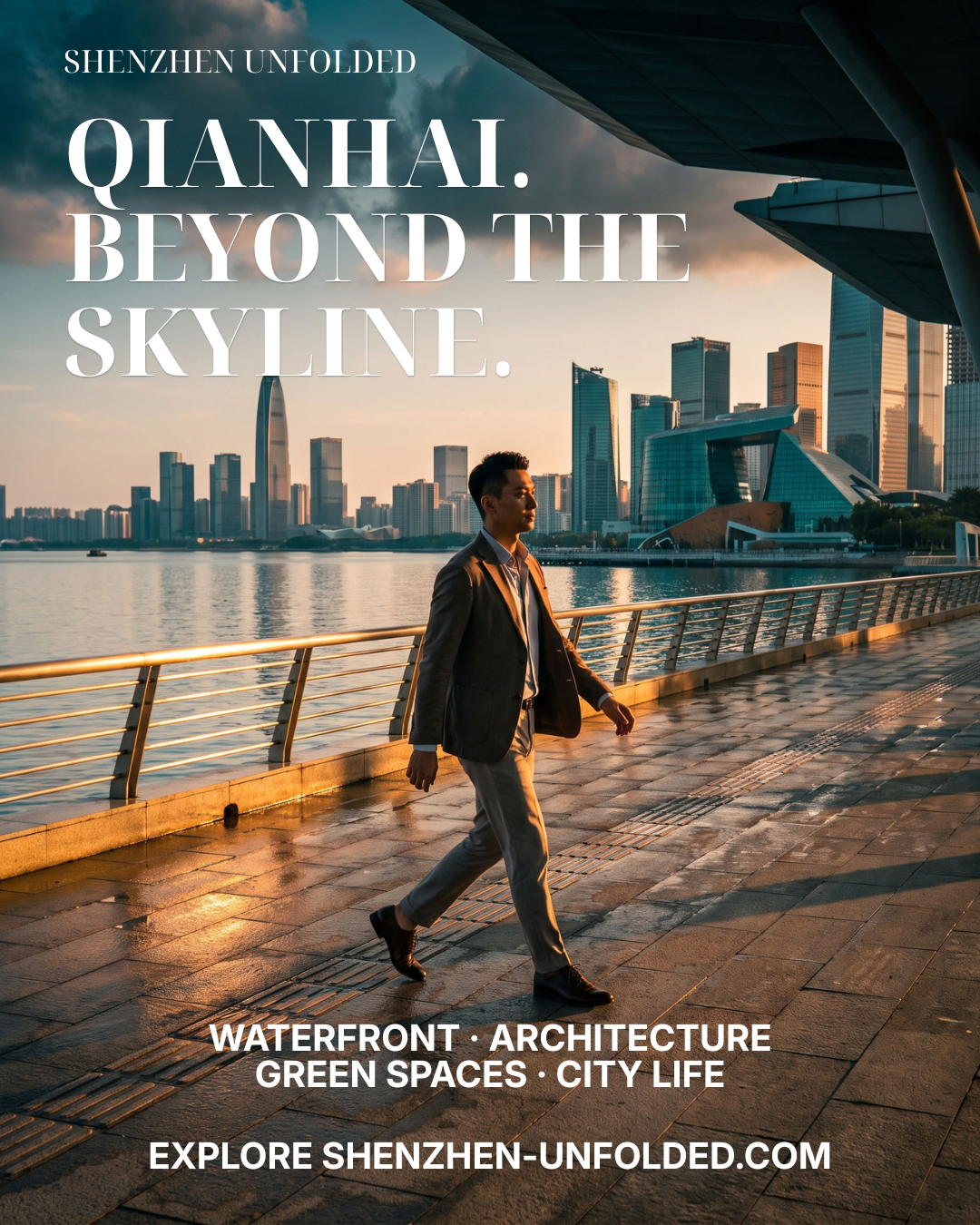 Qianhai, beyond the skyline: imagined waterfront promenade with a visitor and composite city skyline