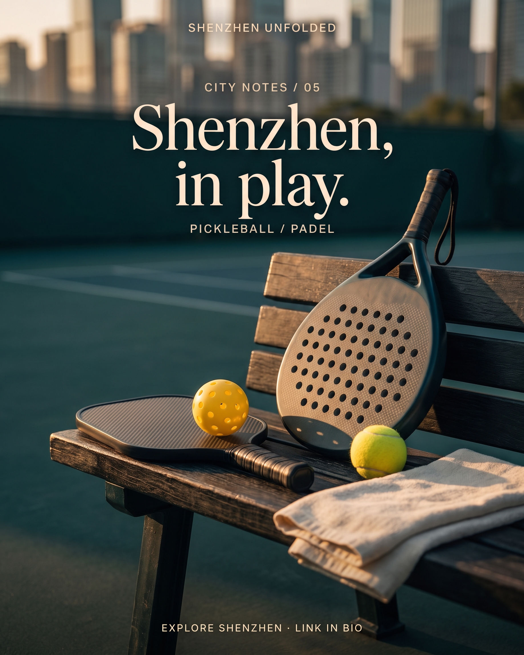 Original equipment illustration of a pickleball paddle, perforated pickleball, padel racket and fuzzy ball on a courtside bench, titled Shenzhen, in play