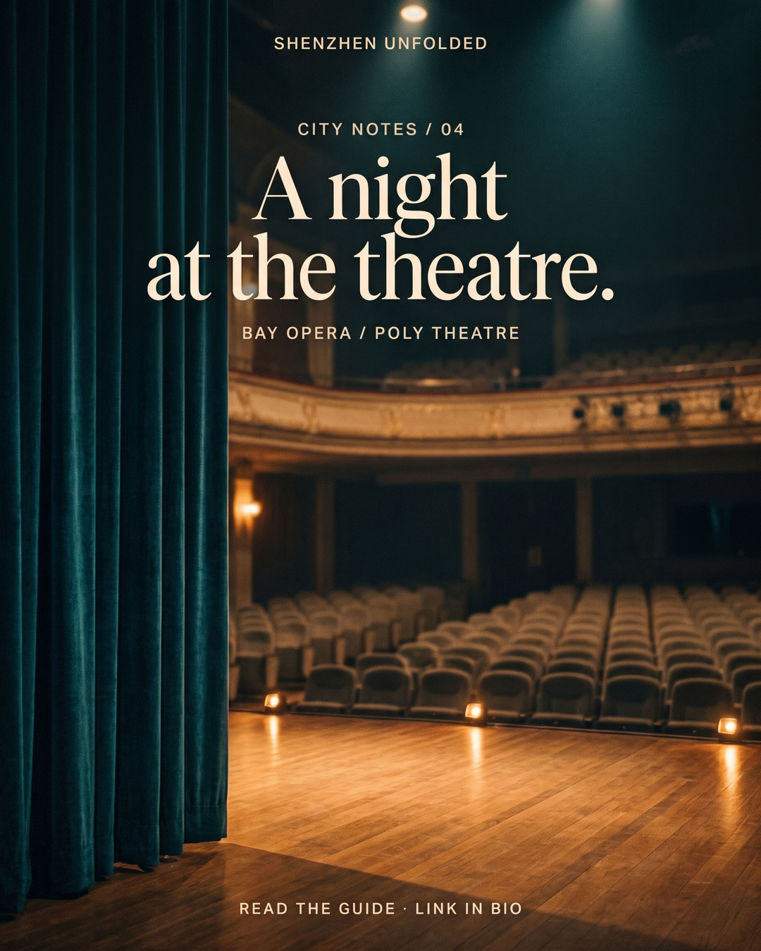 Original concept illustration of teal theatre curtains and an amber-lit stage, titled A night at the theatre, featuring Bay Opera and Poly Theatre