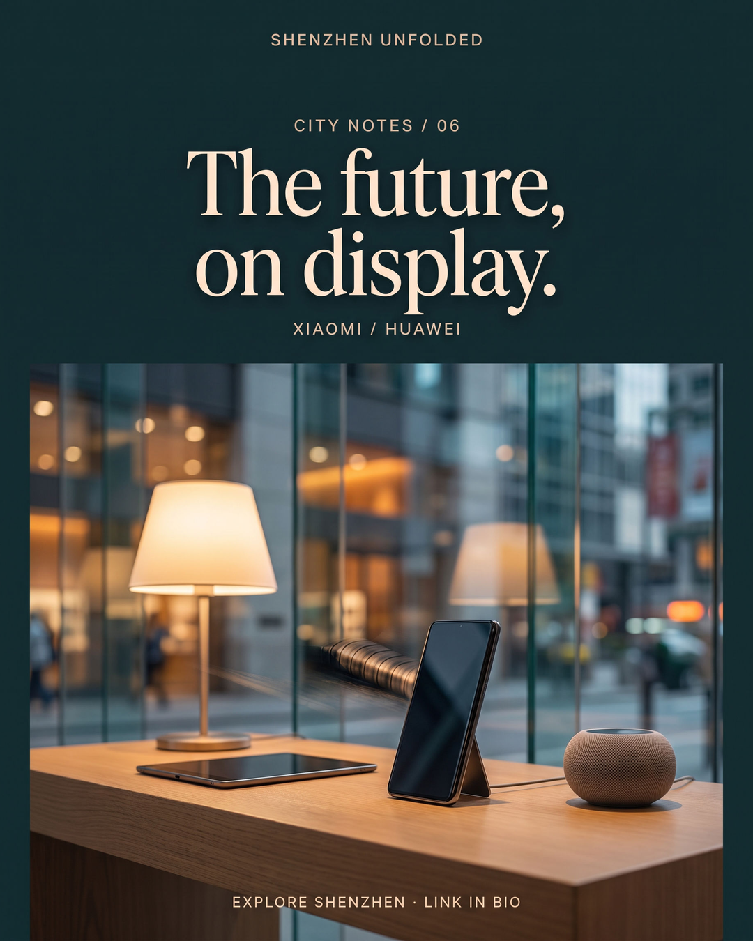 Original technology display concept illustration with phone, tablet, speaker and lamp, titled The future, on display